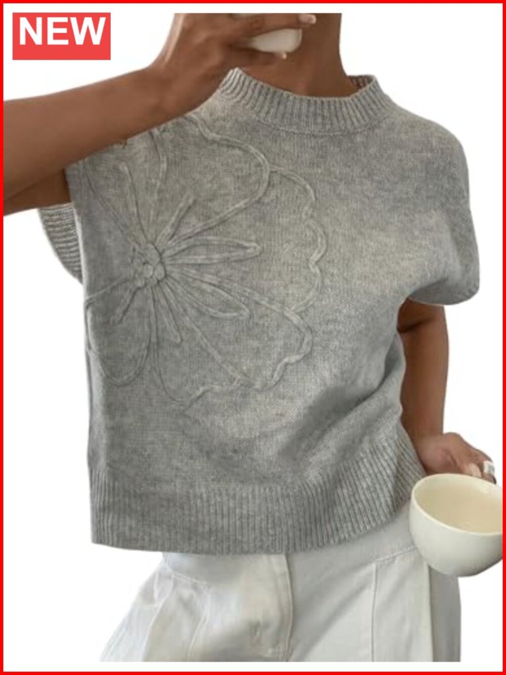 3D Embossed Floral Cap Sleeve Sweater Vest Textured Knit Pullover Loose Fit